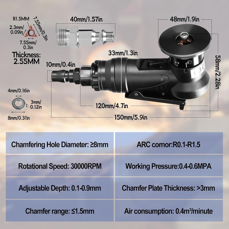 dcvbny Pneumatic Chamfering Tool Handheld, Mini Air-Powered Chamfering Machine Trimming, 45° Arc Corner with 1/4 Inch Air Inlet for Metal Wood Beveling Deburring (R Angle Blades) - Image 5